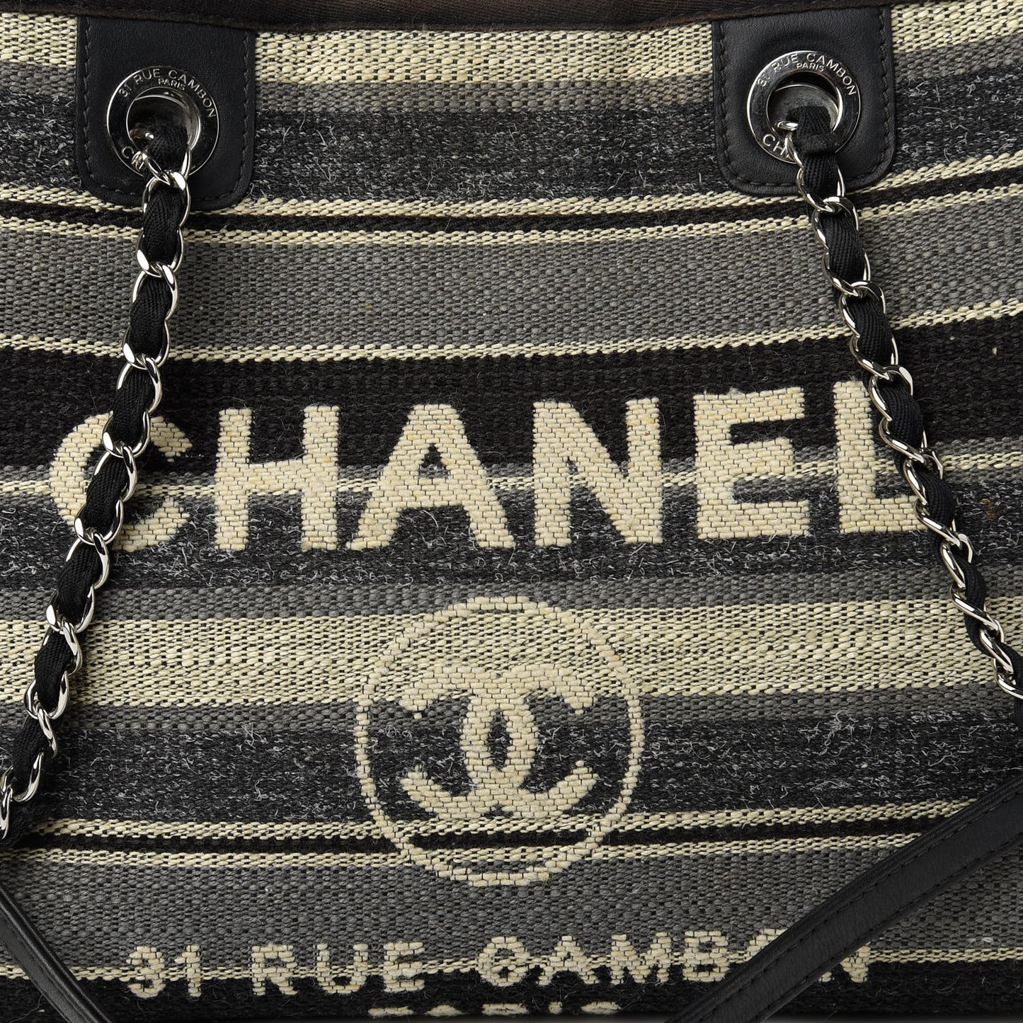Striped Canvas Small Deauville Tote Dark Grey