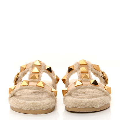 Valentino Garavani Shearling Roman Stud Slide Sandals 36 Sahara Beige 2 of 8