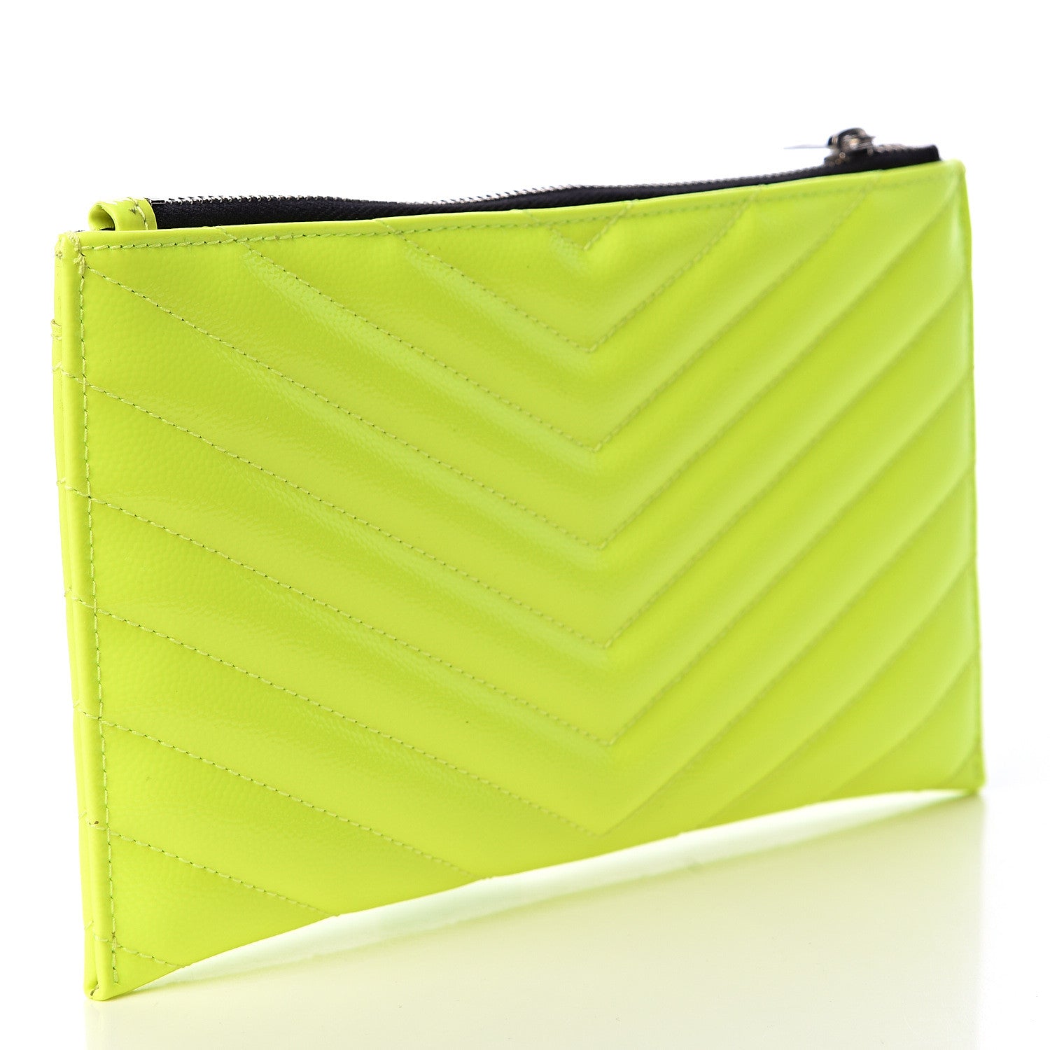 Saint Laurent Patent Grain De Poudre Matelasse Chevron Monogram Bill Pouch Neon Yellow 4 of 11