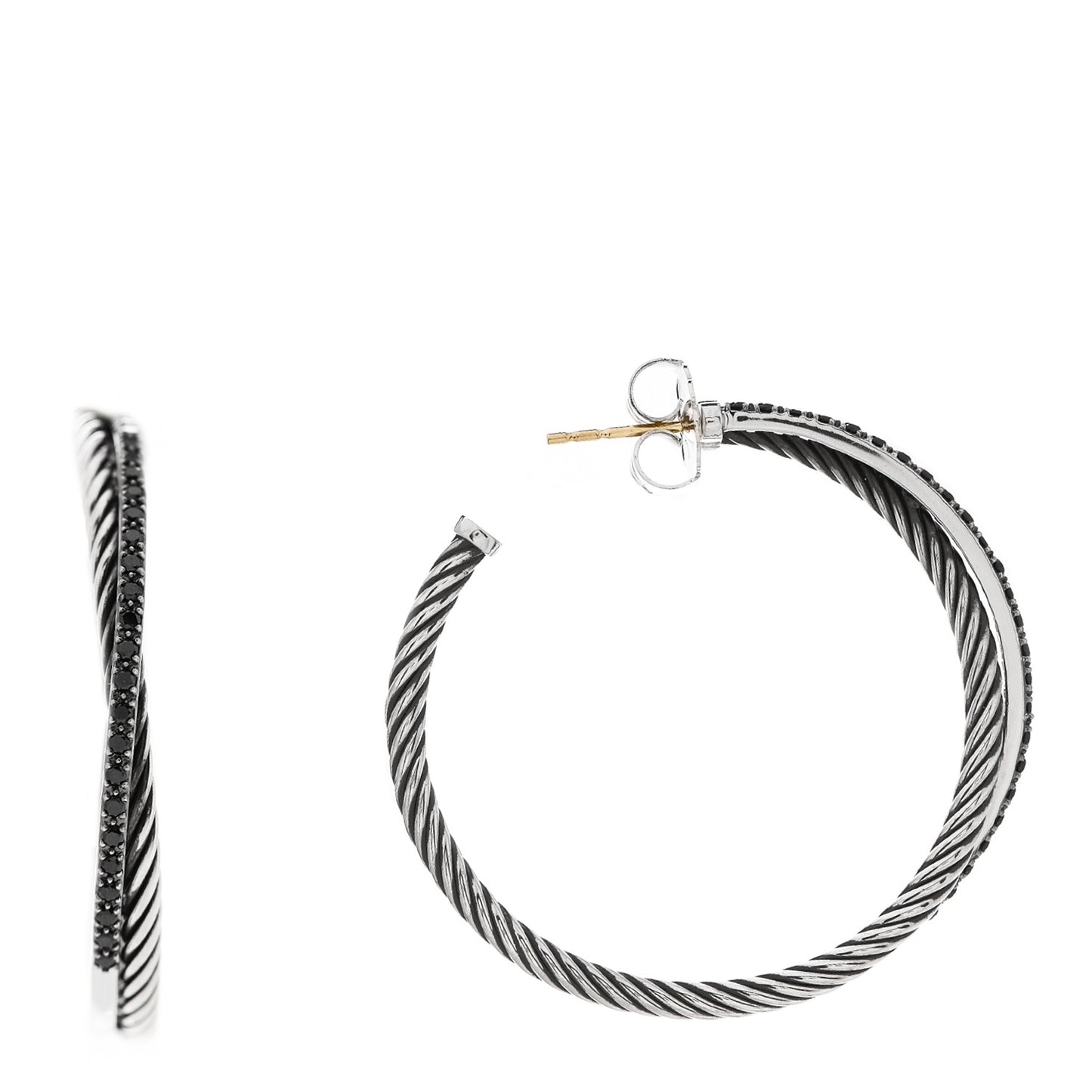 Sterling Silver 14K White Gold Black Diamond Crossover Hoop Earrings