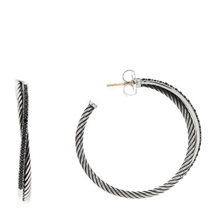 David Yurman Sterling Silver 14K White Gold Black Diamond Crossover Hoop Earrings 1 of 4