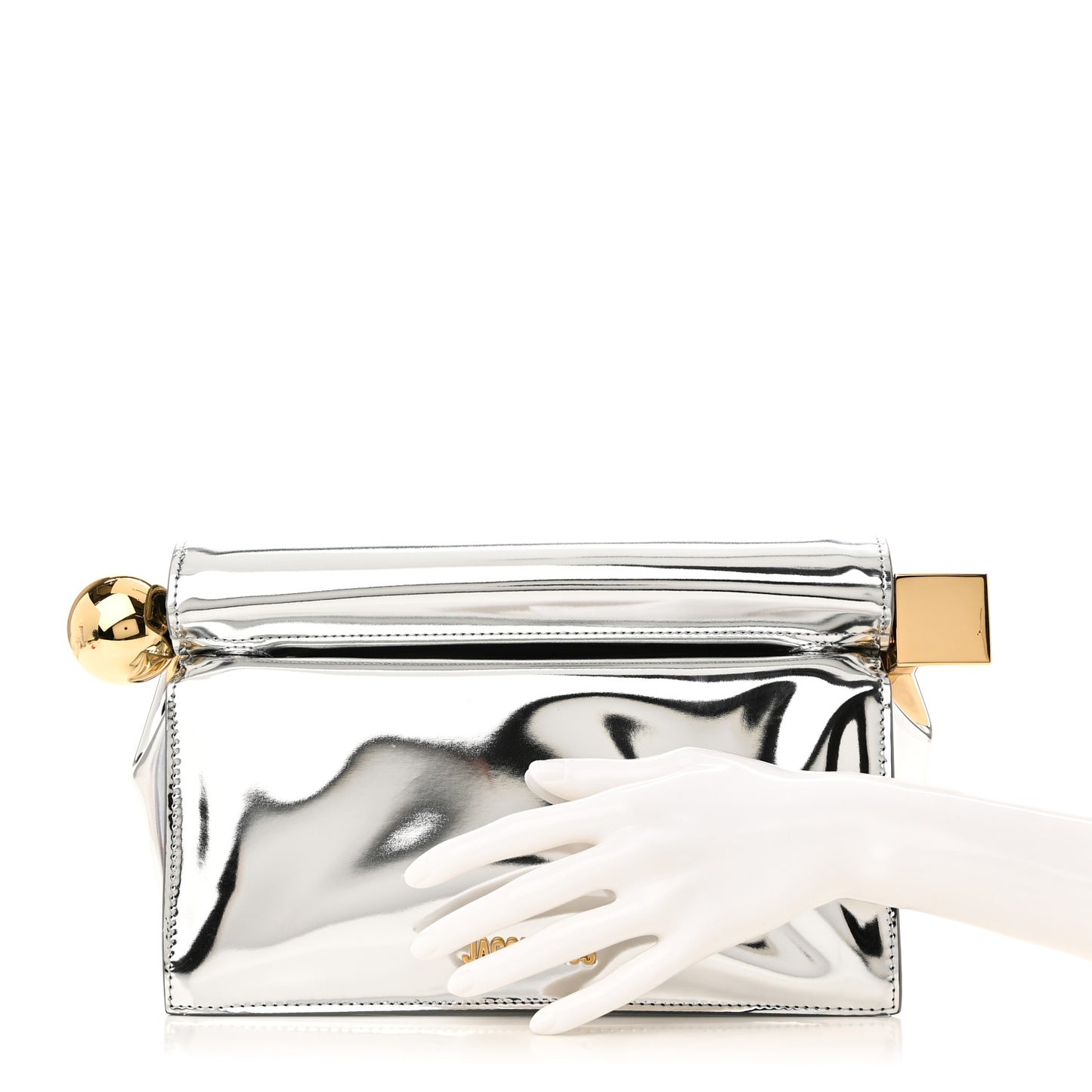 Metallic Patent Calfskin La Pochette Rond Carre Silver