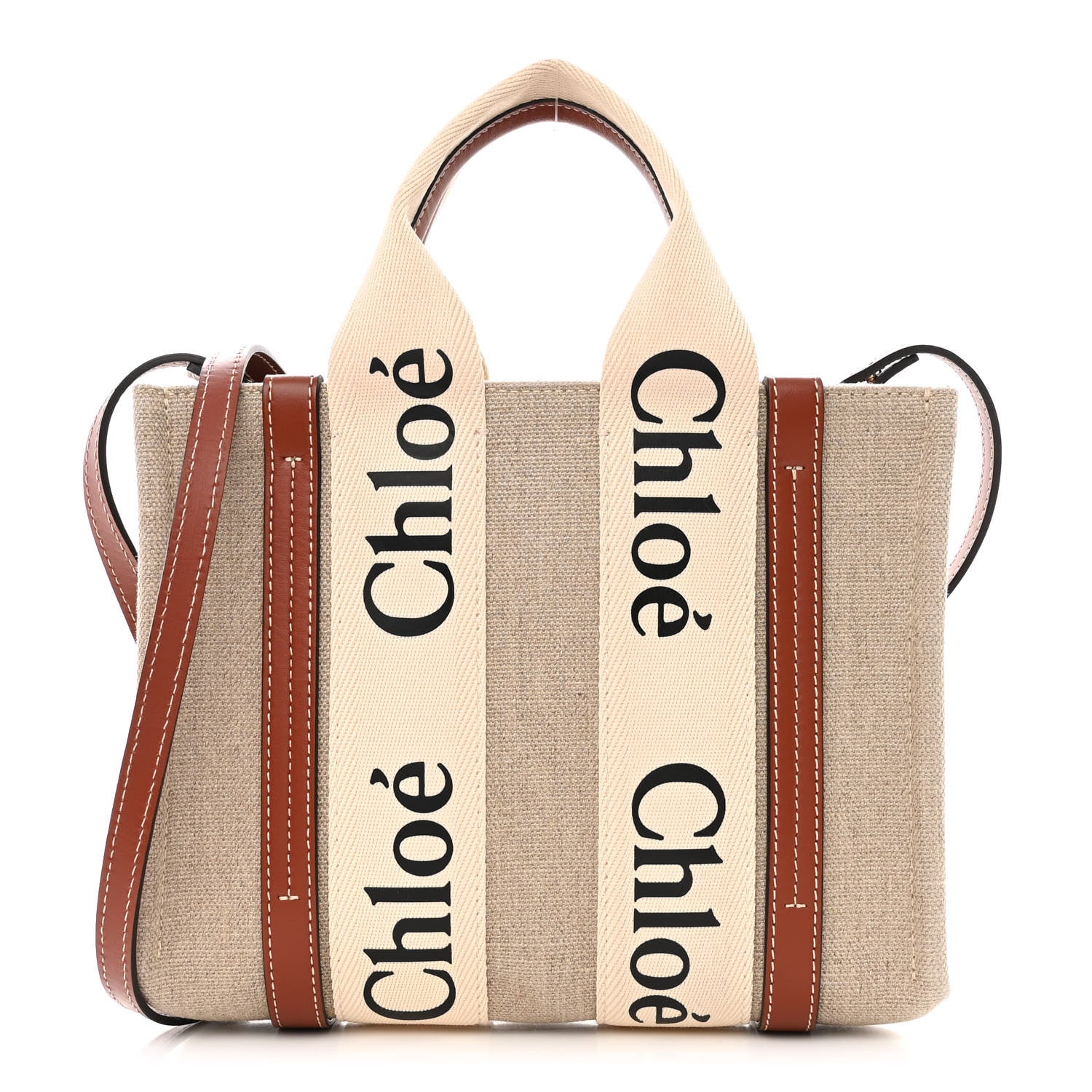 Chloe Linen Calfskin Small Woody Ribbon Tote With Strap White Brown 1 of 10