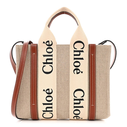 Chloe Linen Calfskin Small Woody Ribbon Tote With Strap White Brown 1 of 10