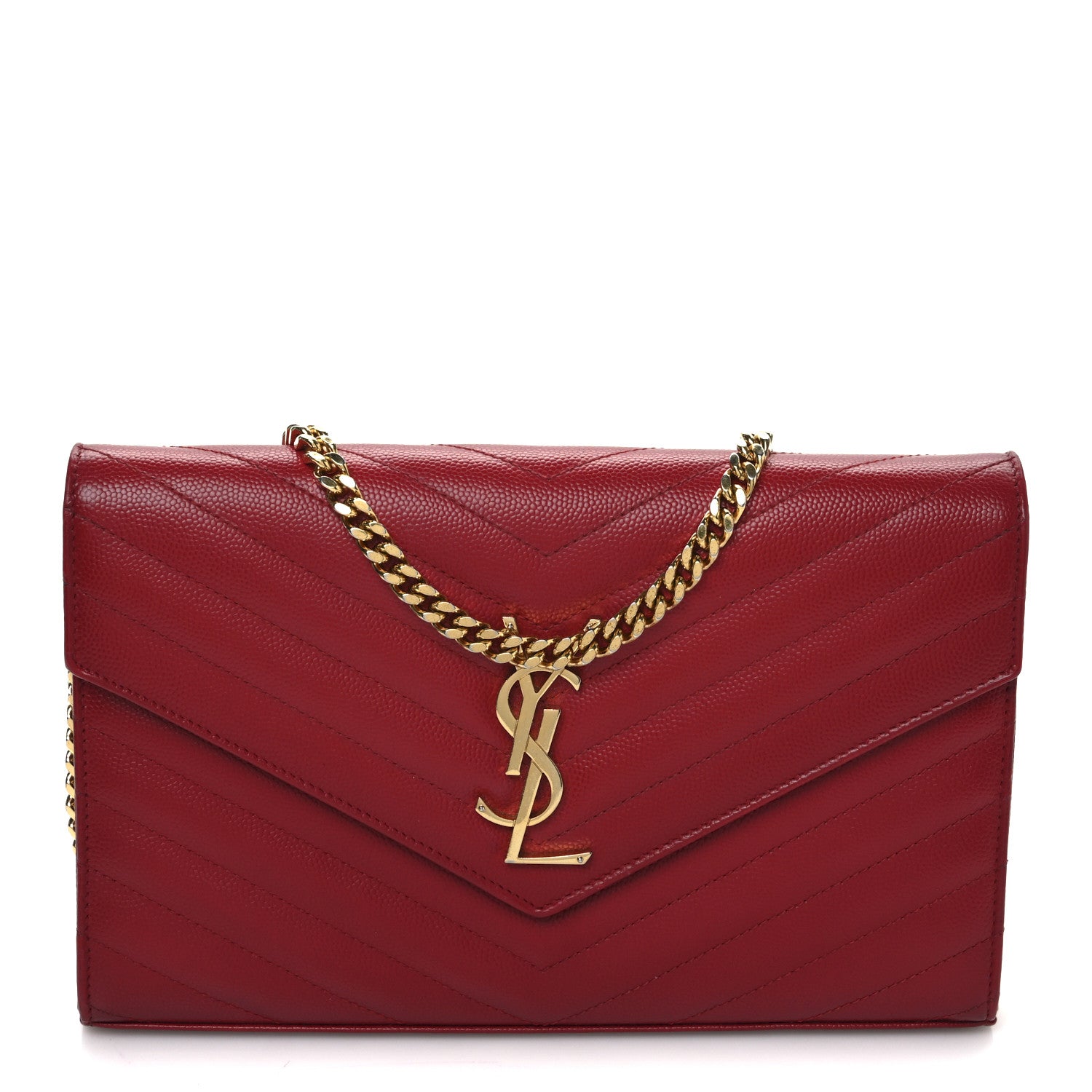 Saint Laurent Grain De Poudre Matelasse Chevron Monogram Chain Wallet New Red 1 of 12