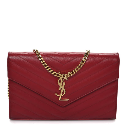 Saint Laurent Grain De Poudre Matelasse Chevron Monogram Chain Wallet New Red 1 of 12