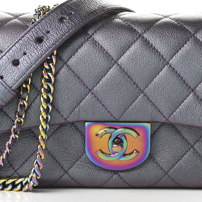Chanel Iridescent Goatskin Quilted Small Double Carry Waist Chain Flap Purple 10 of 10
