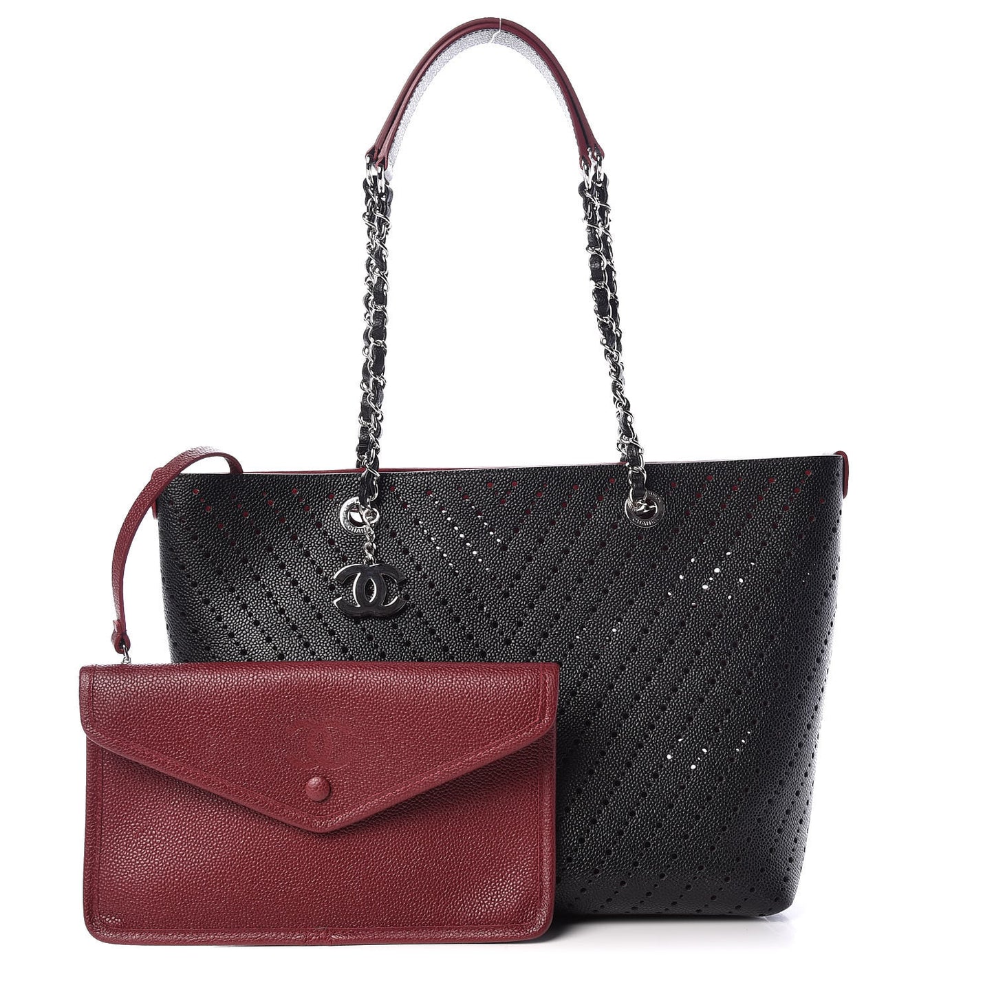 Perforated Grained Calfskin Large Shopping Tote Black