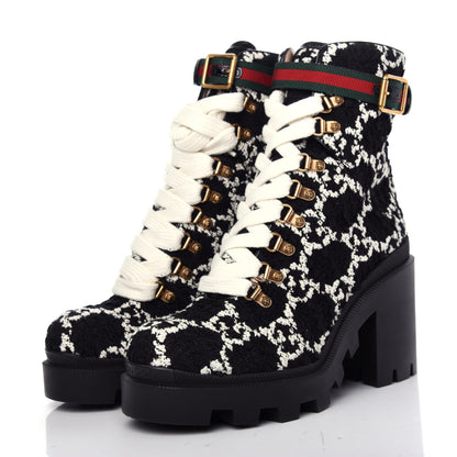 Gucci Tweed GG Monogram Lace Up Combat Ankle Boots 39.5 Black 3 of 11