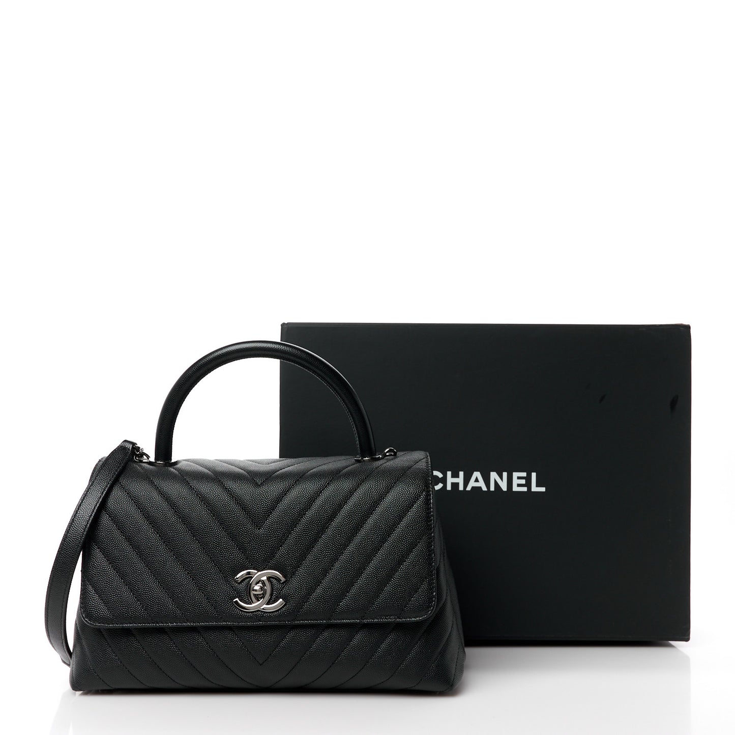 Caviar Chevron Quilted Small Coco Handle Flap Black