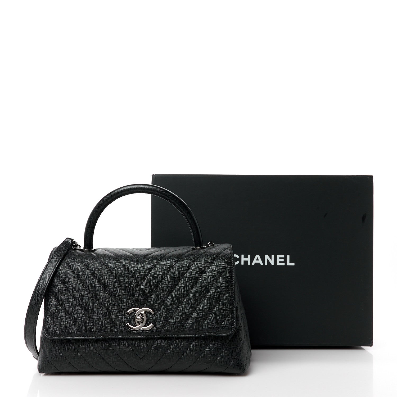 Chanel Caviar Chevron Quilted Small Coco Handle Flap Black 12 of 12