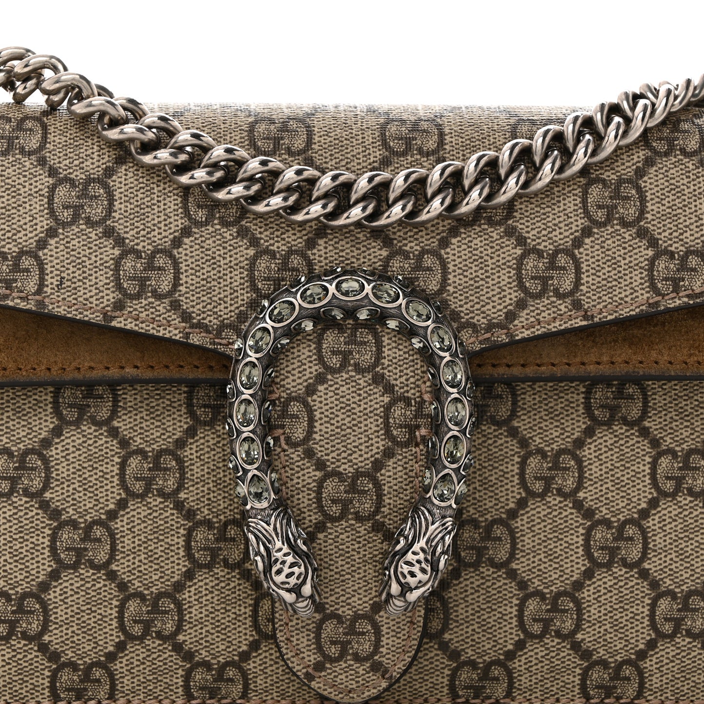 GG Supreme Monogram Suede Crystal Small Dionysus Shoulder Bag Beige Ebony Taupe