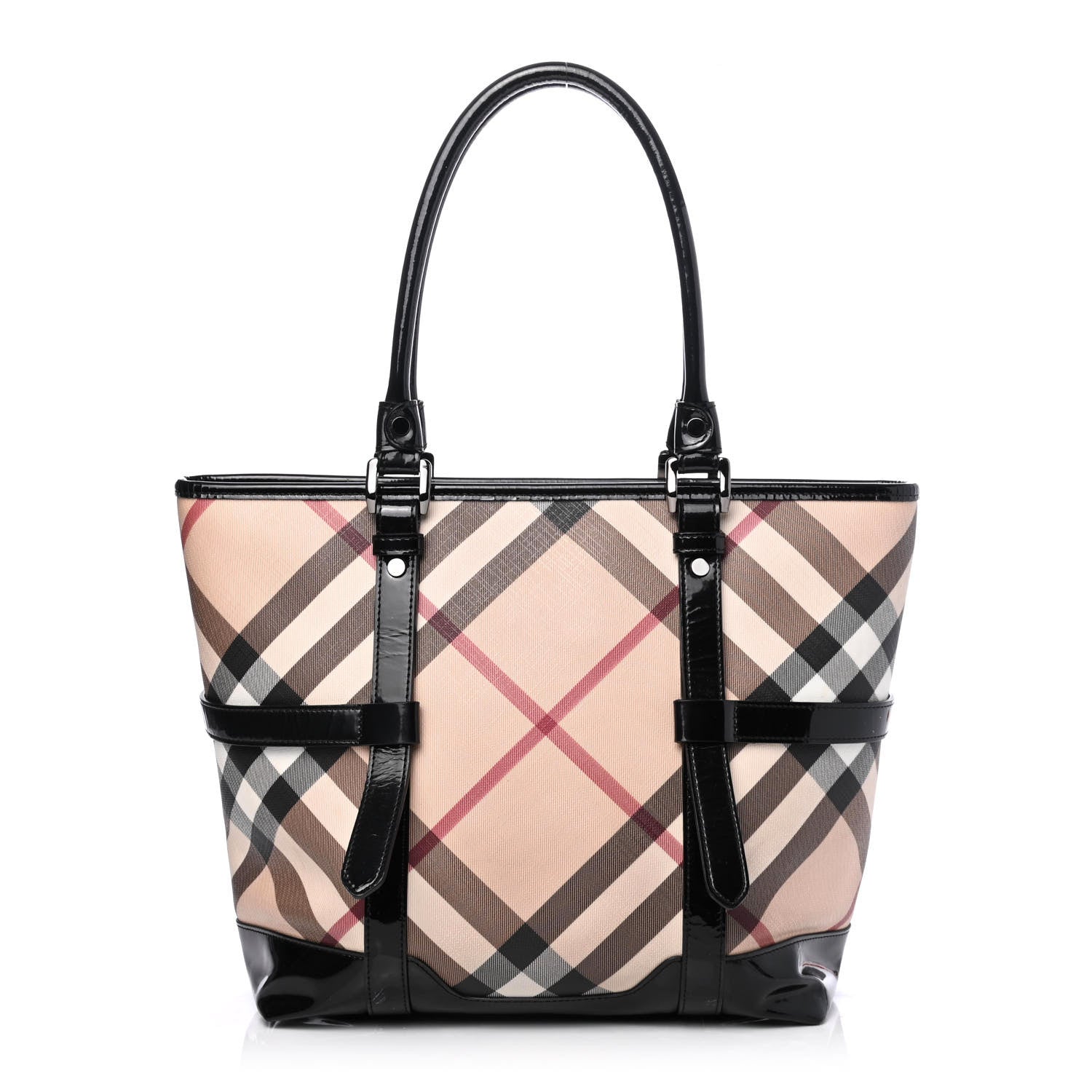 バッグ Burberry Burberry Patent Supernova Check Medium Denham Tote Black