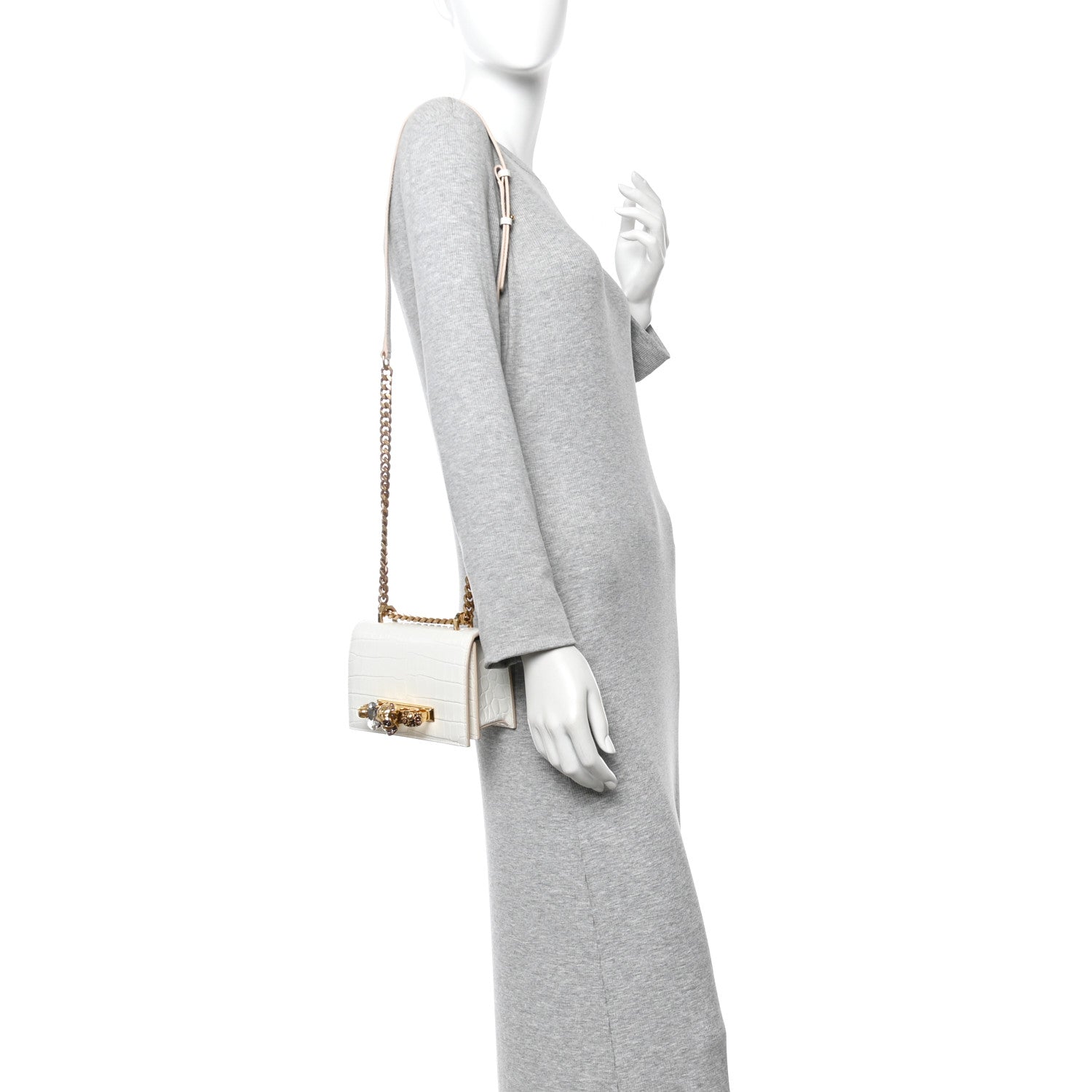 Alexander McQueen Calfskin Crocodile Embossed Mini Jeweled Satchel Deep Ivory 2 of 10