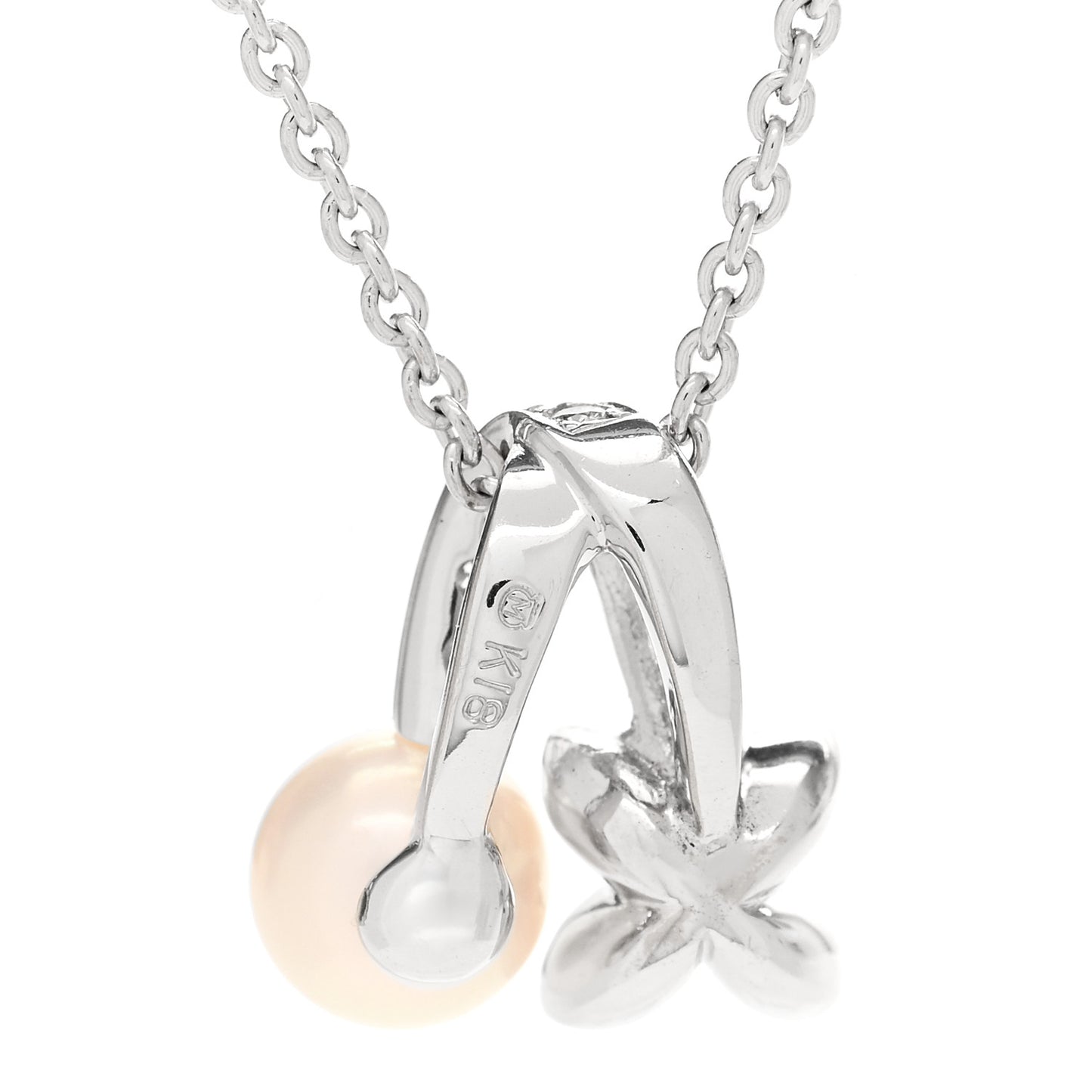 18K White Gold Diamond Akoya Pearl 5.5mm Flower Pendant Necklace