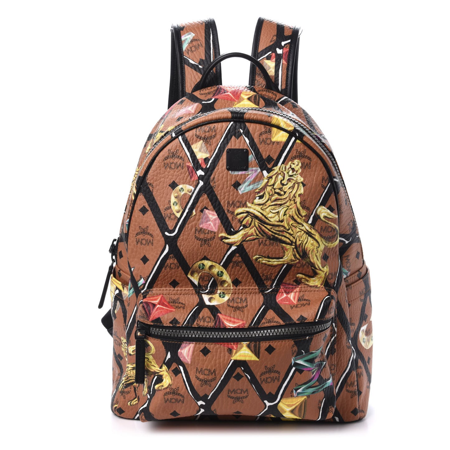 Visetos Calfskin Motif Rombi Lion Printed Medium Backpack Cognac
