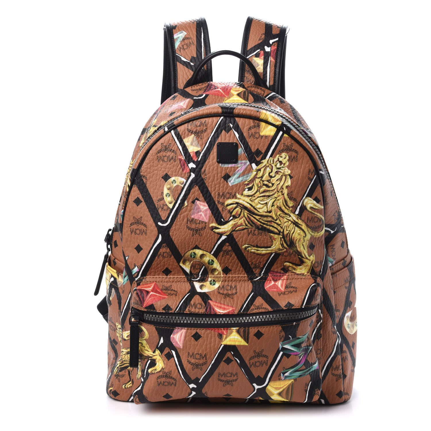 MCM Visetos Calfskin Motif Rombi Lion Printed Medium Backpack Cognac 1 of 8