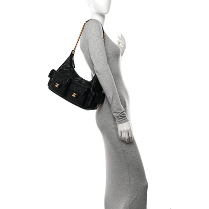 Chanel Shiny Lambskin Quilted Trendy Pockets Hobo Black 2 of 12