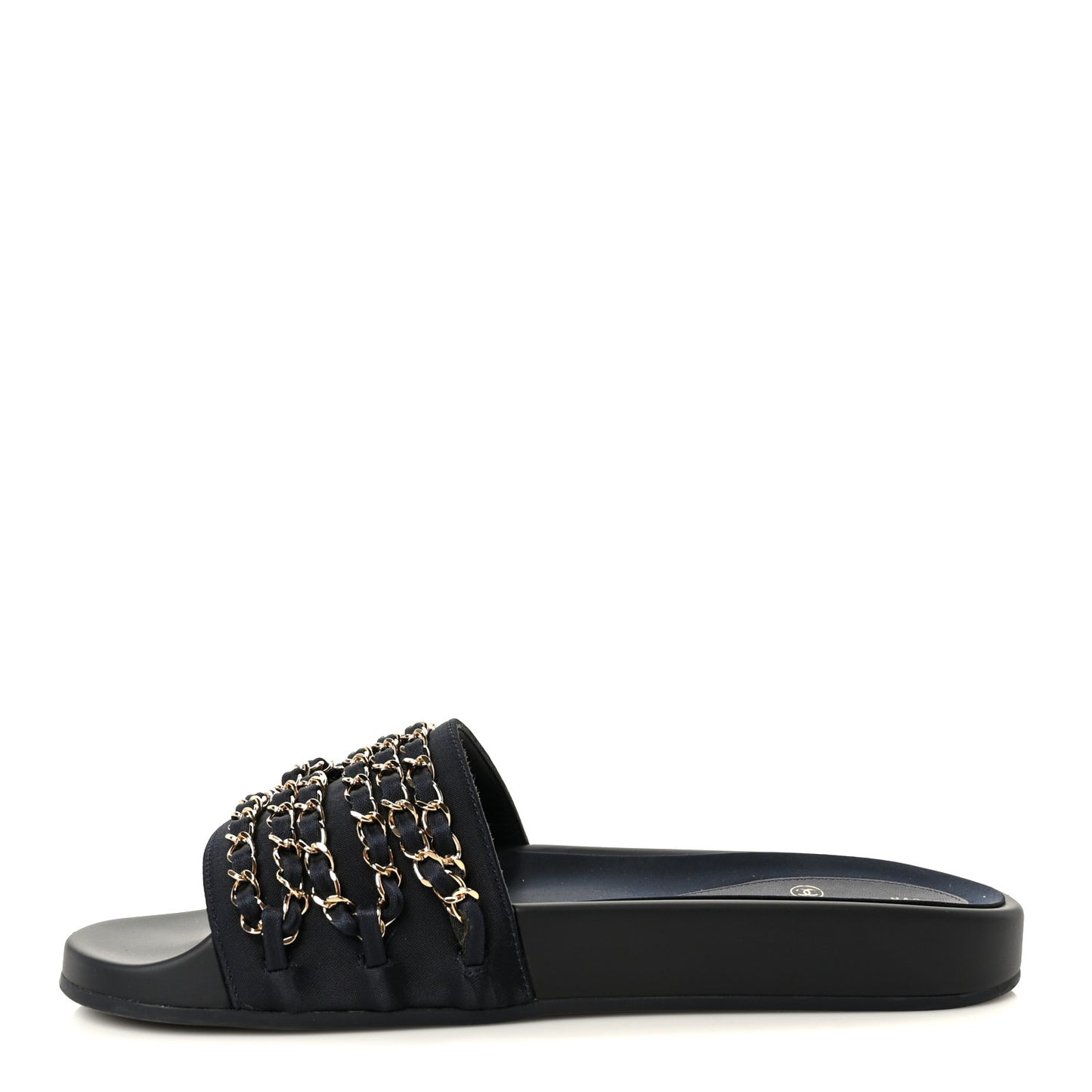 Satin Canvas Chain Slides Sandals Flats 39 Marine