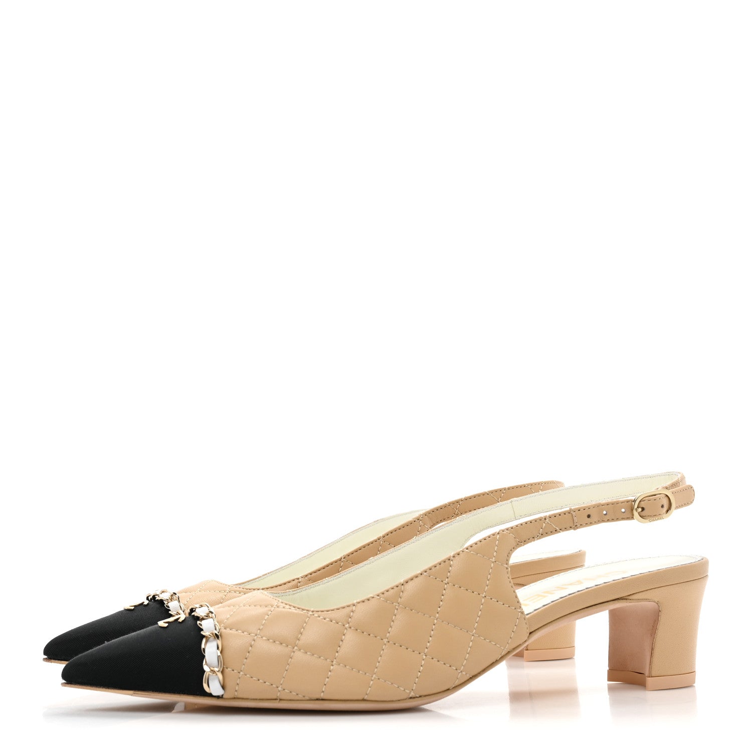 Chanel Lambskin Grosgrain Quilted Cap Toe CC Chain Slingback Pumps 38.5 Beige Black 3 of 9