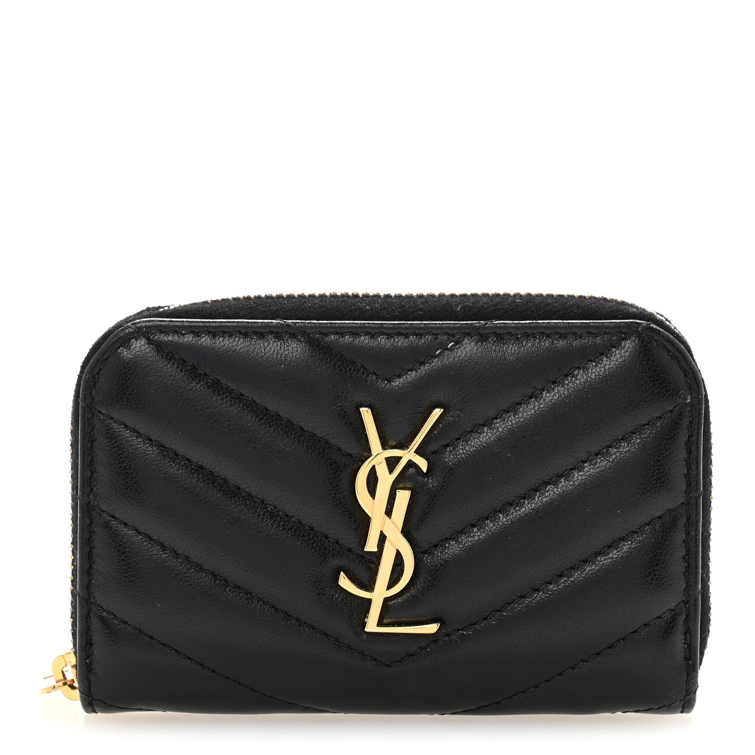Saint Laurent Lambskin Matelasse Chevron Monogram Cassandre Compact Zip Around Card Wallet Black 1 of 9