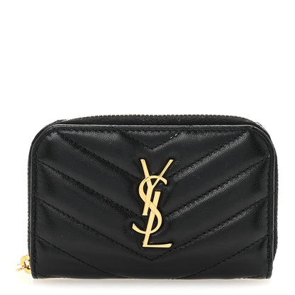 Saint Laurent Lambskin Matelasse Chevron Monogram Cassandre Compact Zip Around Card Wallet Black 1 of 9