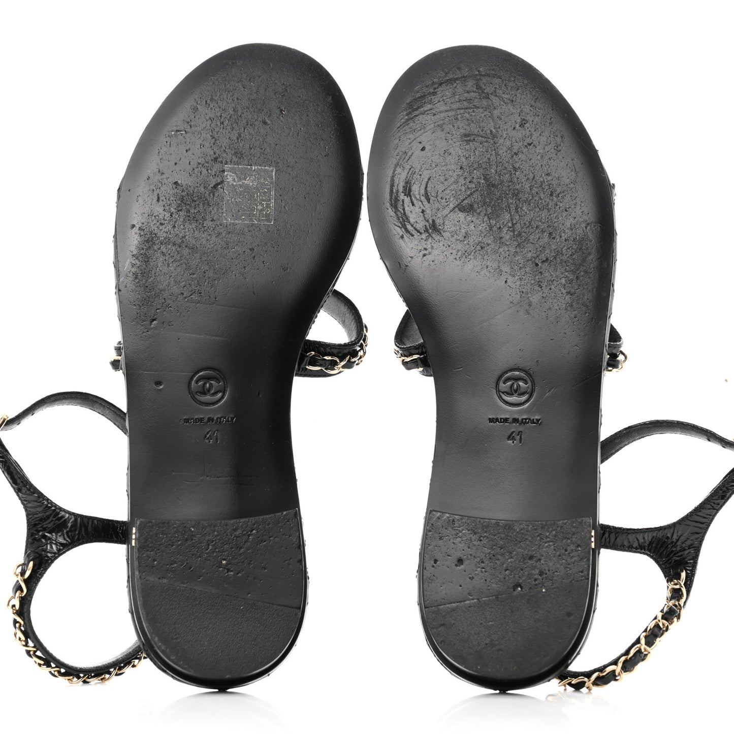 Aged Calfskin Chain Sandals 41 Black
