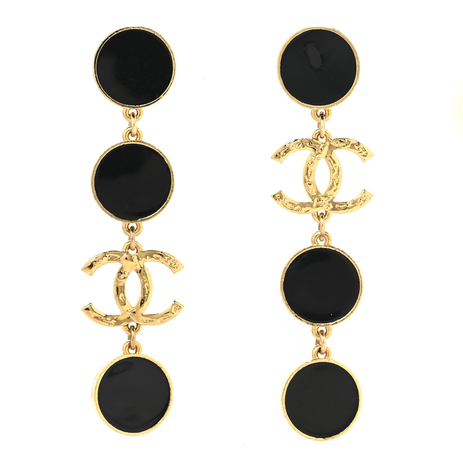 Chanel Metal Resin Disc CC Long Drop Earrings Gold Black 1 of 4