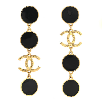 Chanel Metal Resin Disc CC Long Drop Earrings Gold Black 1 of 4