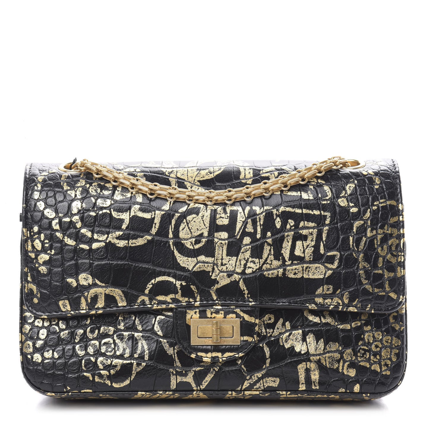 Calfskin Crocodile Embossed Graffiti 2.55 Cocodile Reissue 225 Flap Black Gold