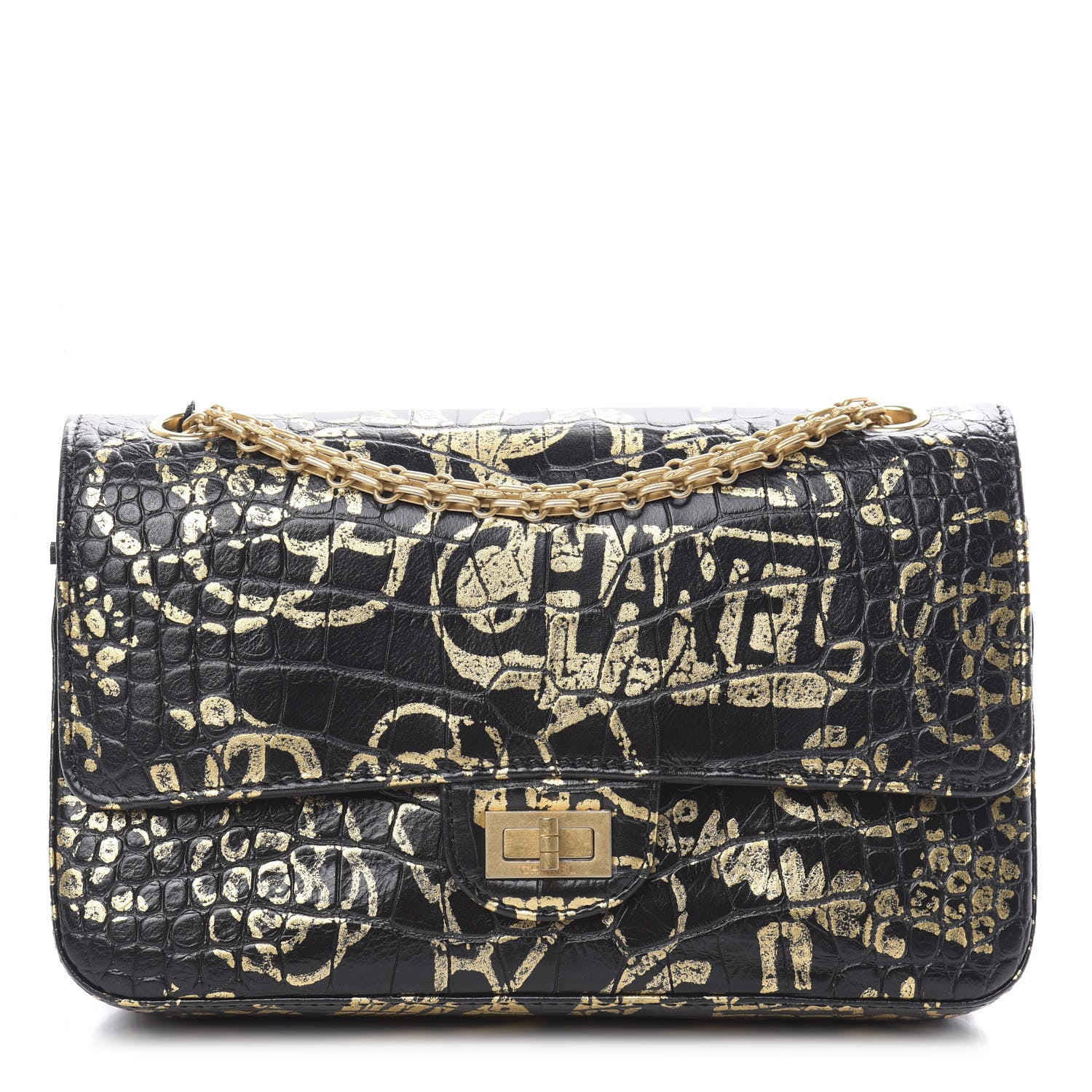 Chanel Calfskin Crocodile Embossed Graffiti 2.55 Cocodile Reissue 225 Flap Black Gold 1 of 11