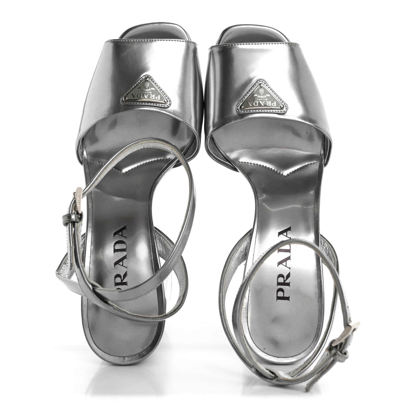 Metallic Calfskin Metal Triangle Logo Ankle Strap 40/115mm Platform Sandals 38 Silver