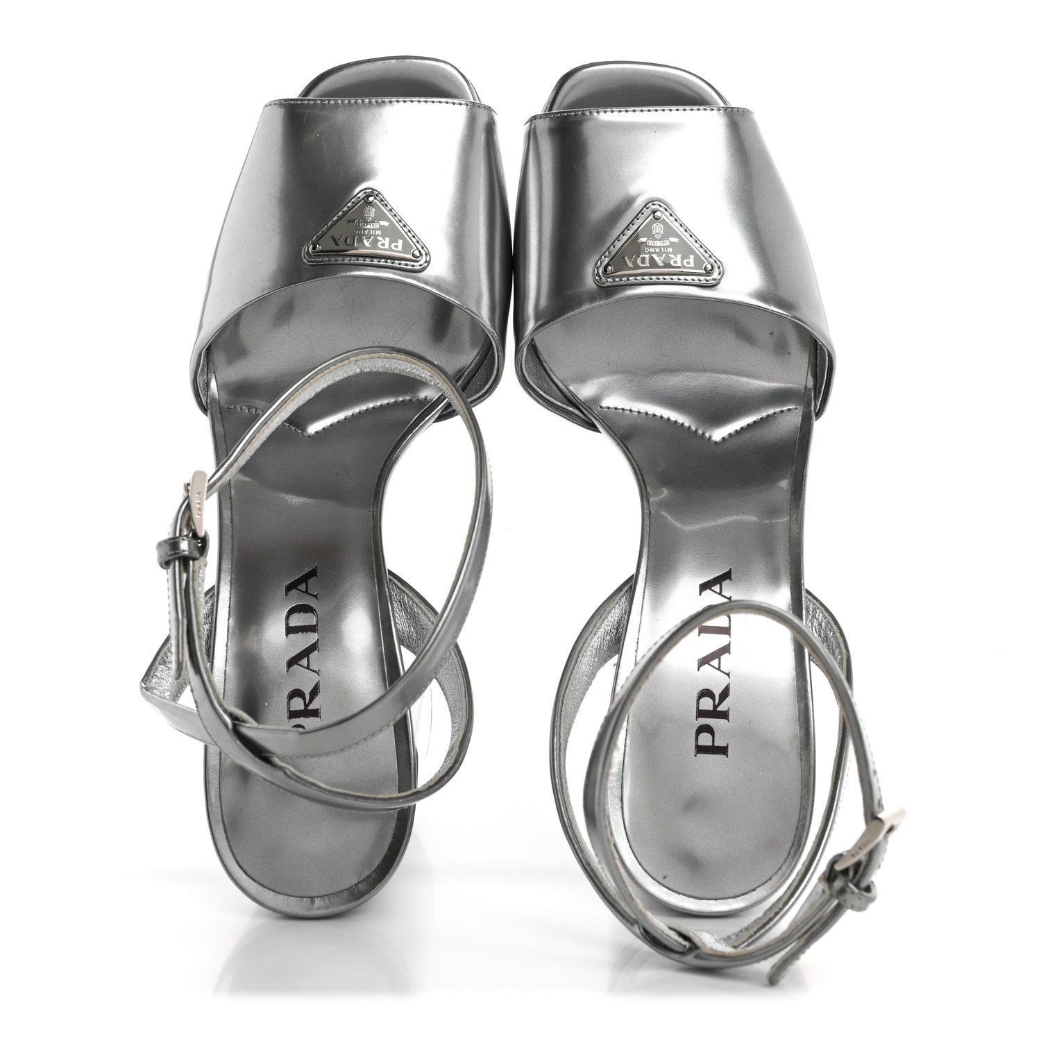 Prada Metallic Calfskin Metal Triangle Logo Ankle Strap 40/115mm Platform Sandals 38 Silver 2 of 11