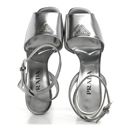 Prada Metallic Calfskin Metal Triangle Logo Ankle Strap 40/115mm Platform Sandals 38 Silver 2 of 11
