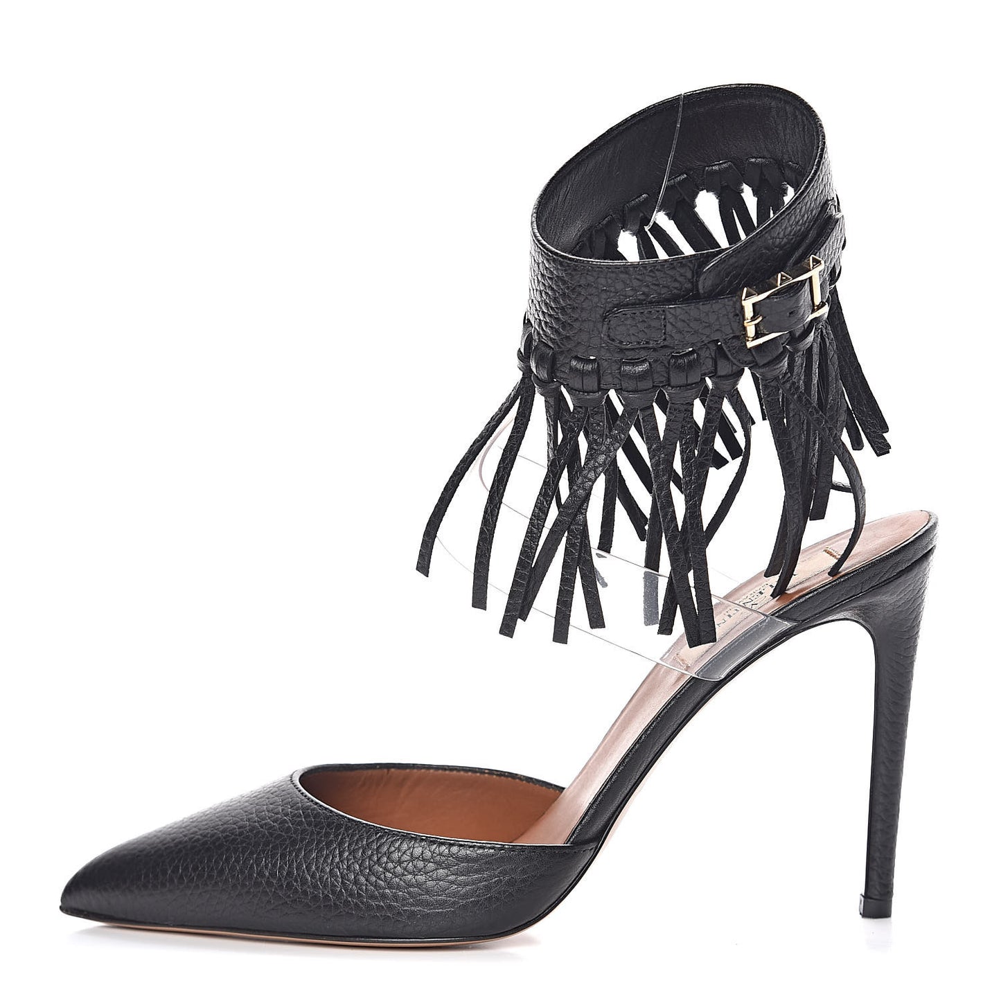 Grained Calfskin C Rockee Fringe Ankle Wrap Pumps 38 Black