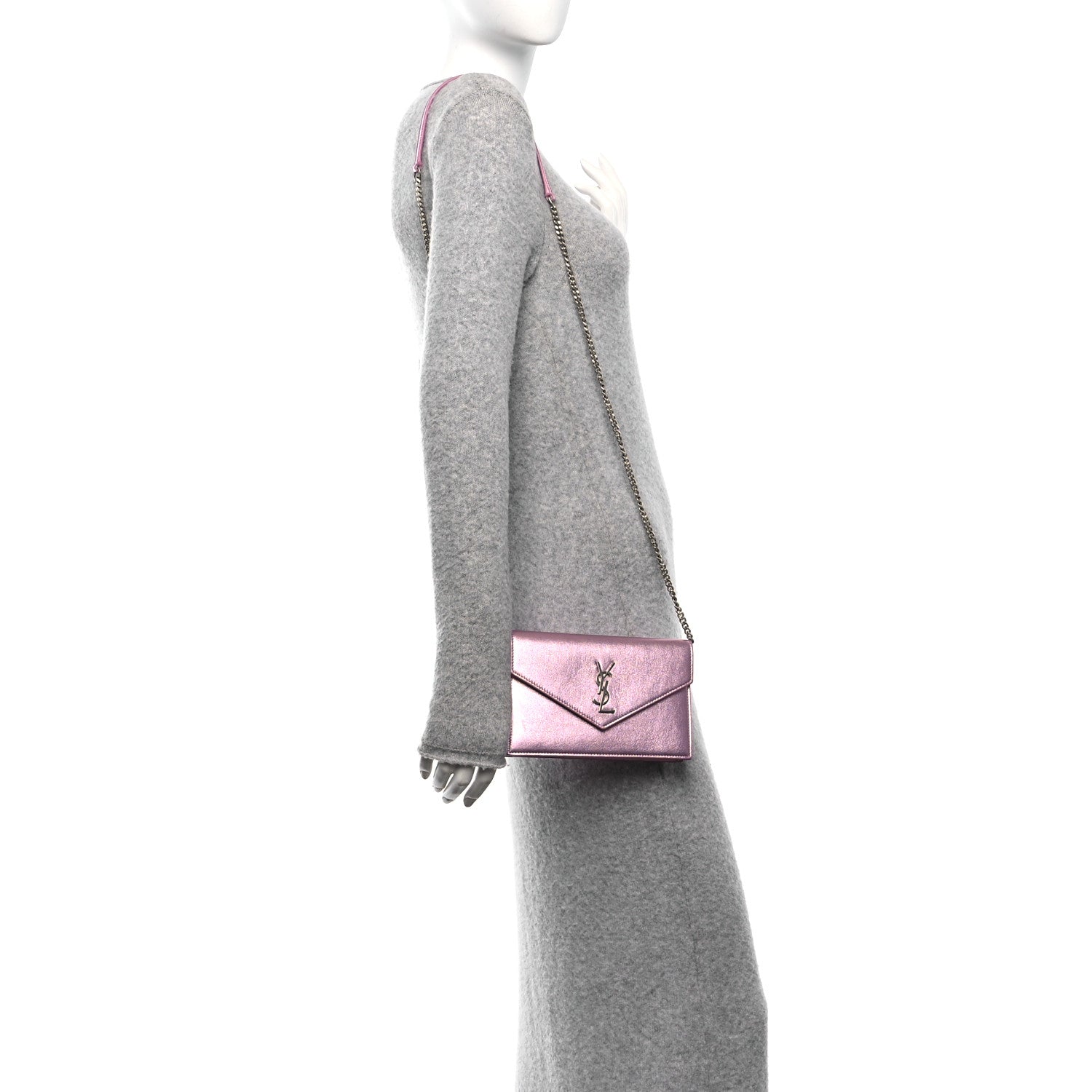 Saint Laurent Metallic Calfskin Monogram Envelope Chain Wallet Pink 2 of 9