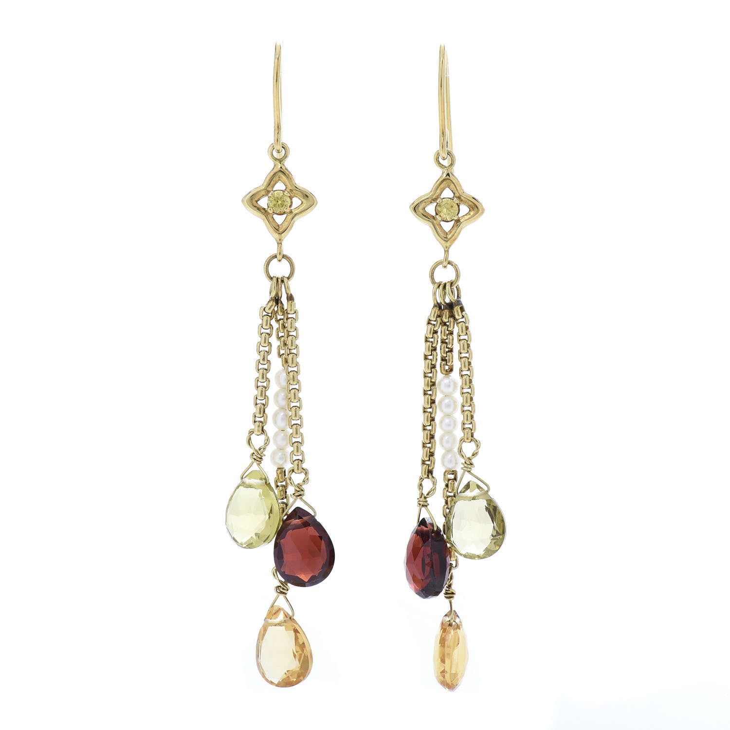 David Yurman 18K Yellow Gold Sapphire Garnet Prasiolite Citrine Pearl Drop Earrings 1 of 5