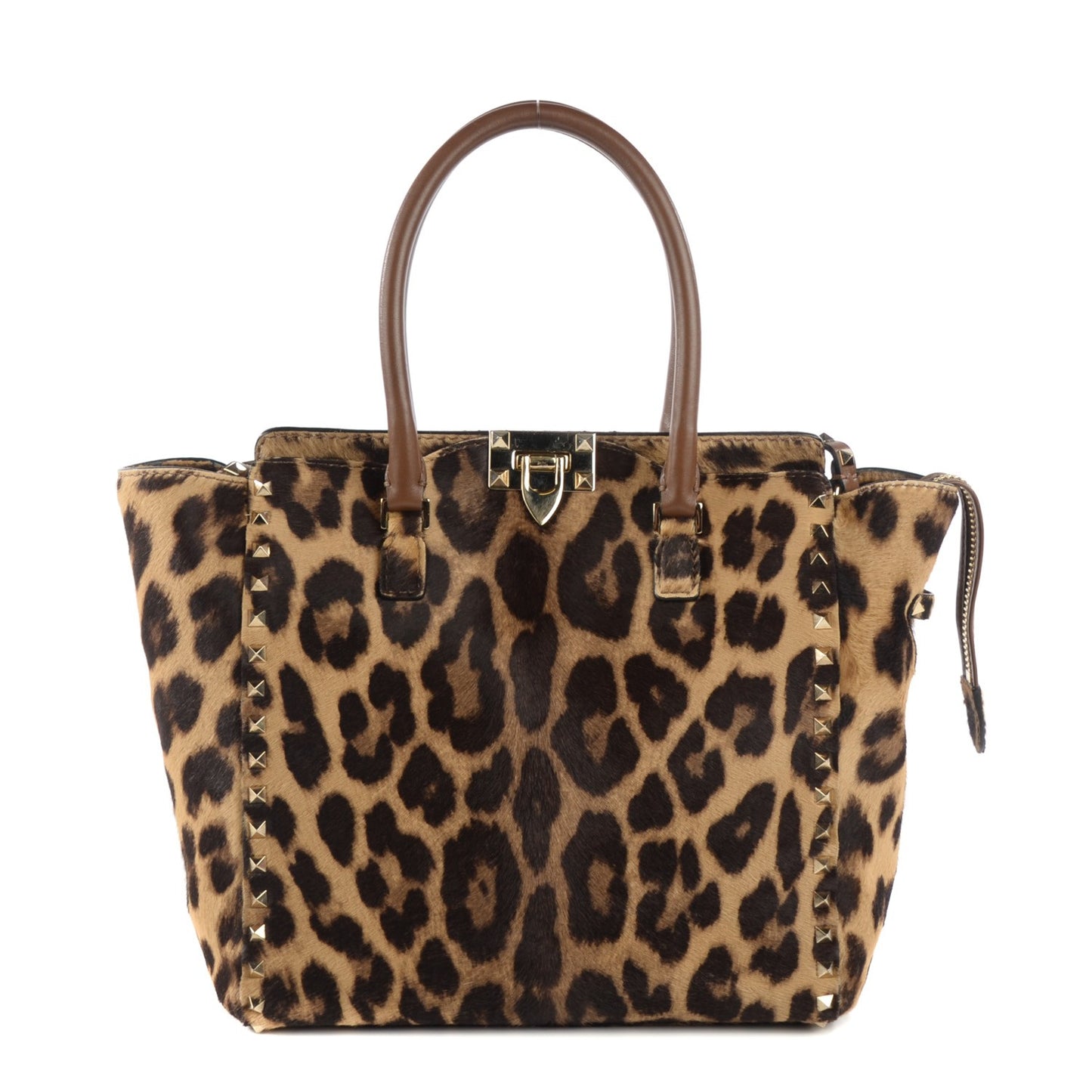 Calf Hair Leopard Print Rockstud Double Handle Tote Leopard