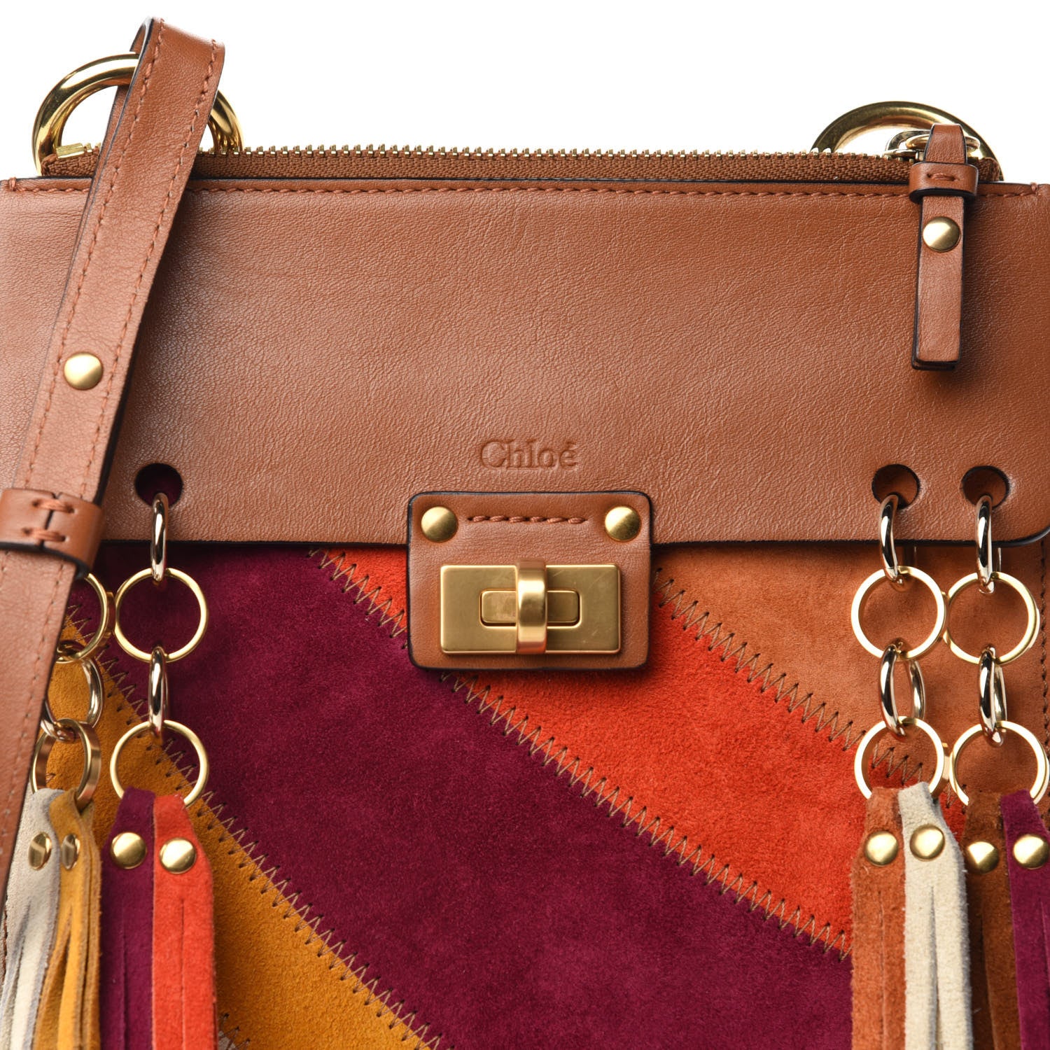 Chloe Calfskin Suede Rainbow Patchwork Small Jane Fringe Bag Caramel 10 of 10
