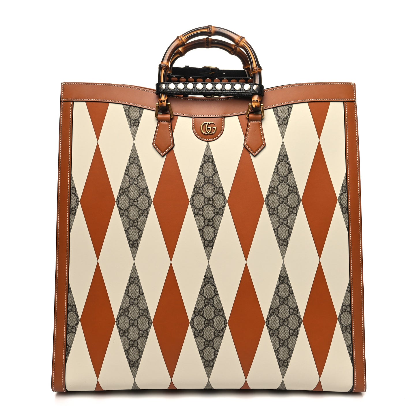 GG Supreme Monogram Boarded Dyana Calfskin Rhombus Print Studded Maxi Diana Tote Bag Beige Ebony Mystic White Hazel Brown Black