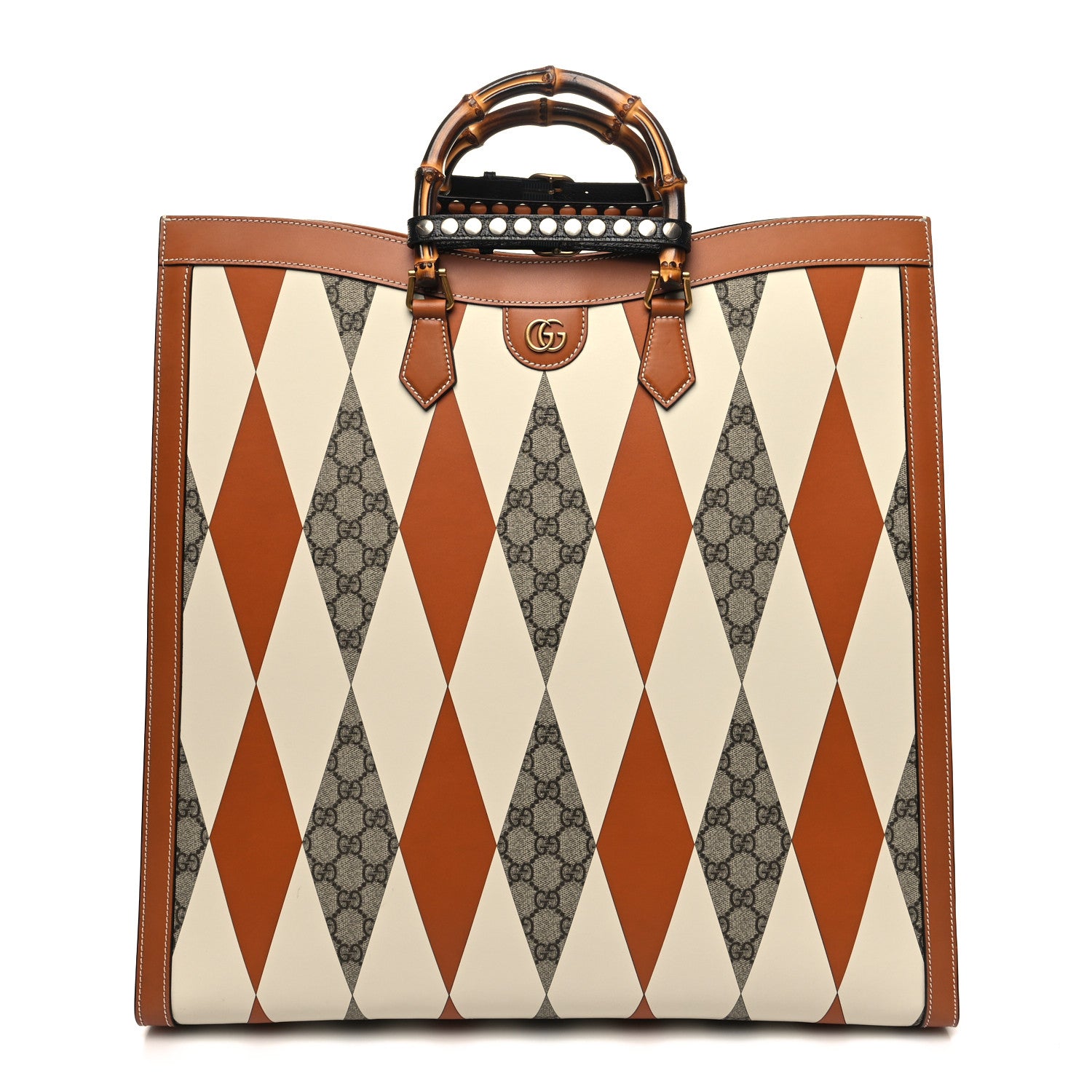 Gucci GG Supreme Monogram Boarded Dyana Calfskin Rhombus Print Studded Maxi Diana Tote Bag Beige Ebony Mystic White Hazel Brown Black 1 of 9