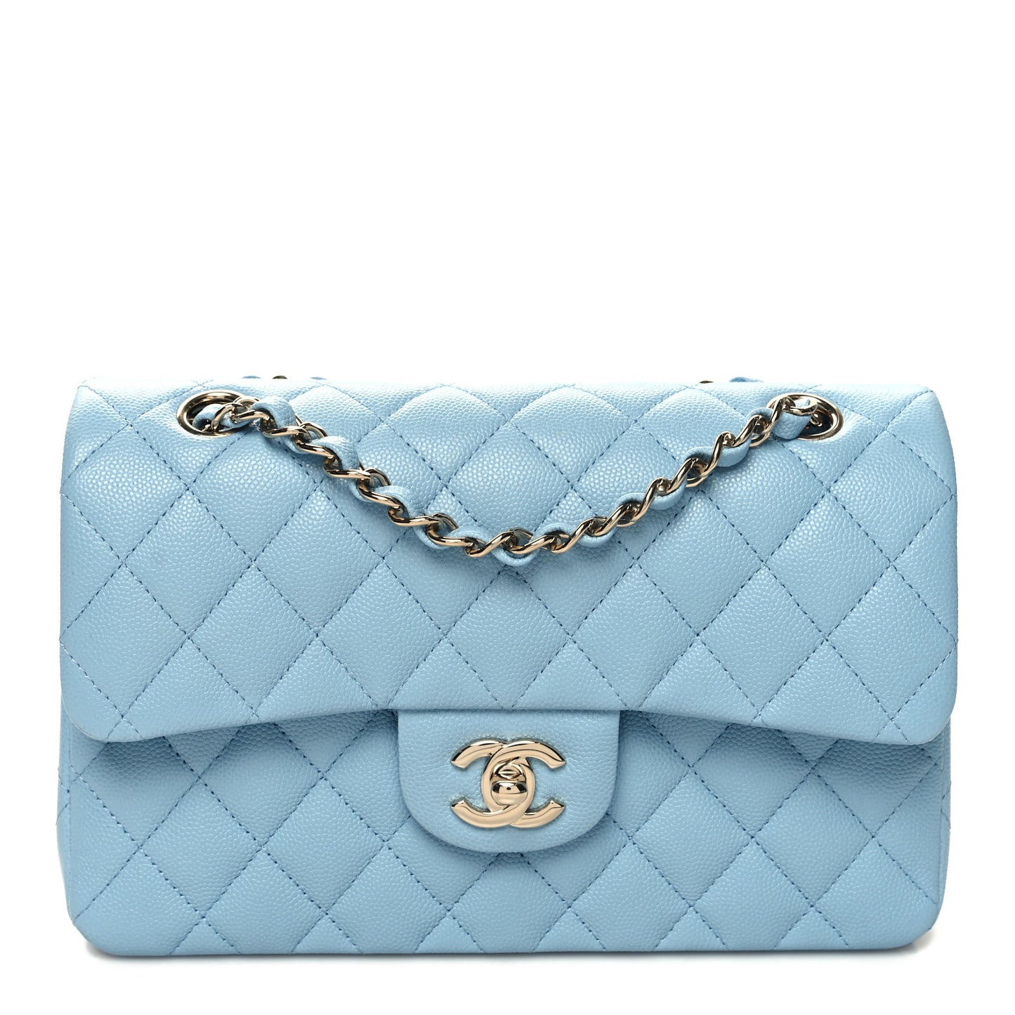 Caviar Quilted Small Double Flap Light Blue