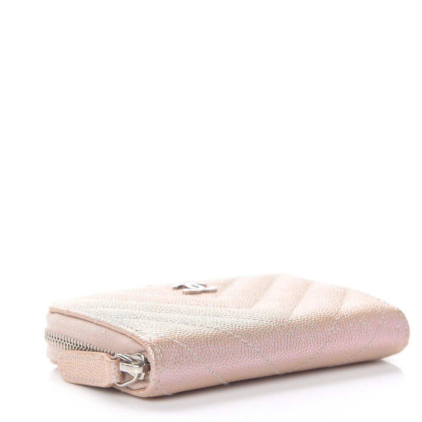 Metallic Caviar Chevron Quilted Zip Around Coin Purse Light Gold