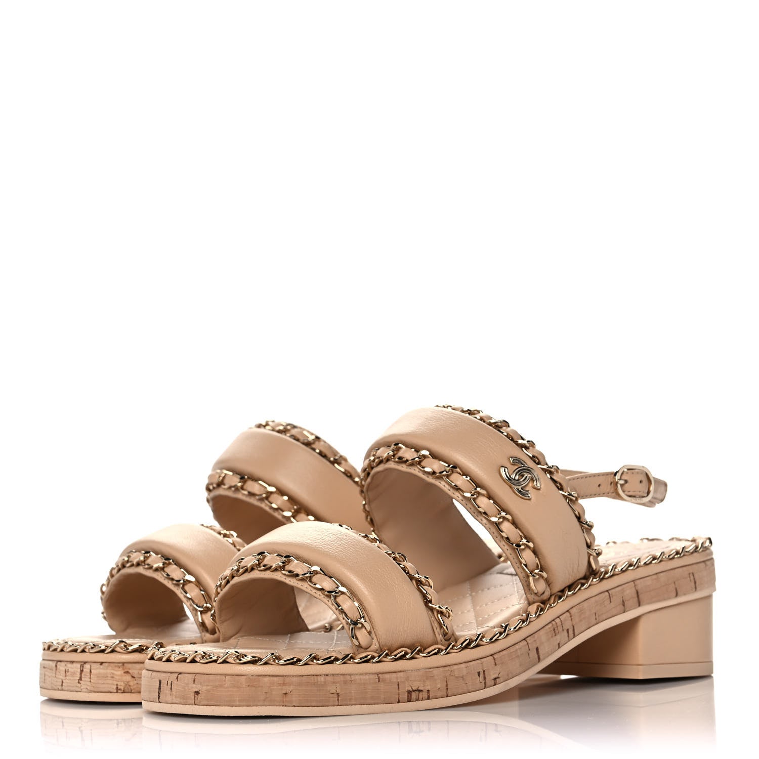 Chanel Lambskin Cork Chain Sandals 37 Beige 3 of 9