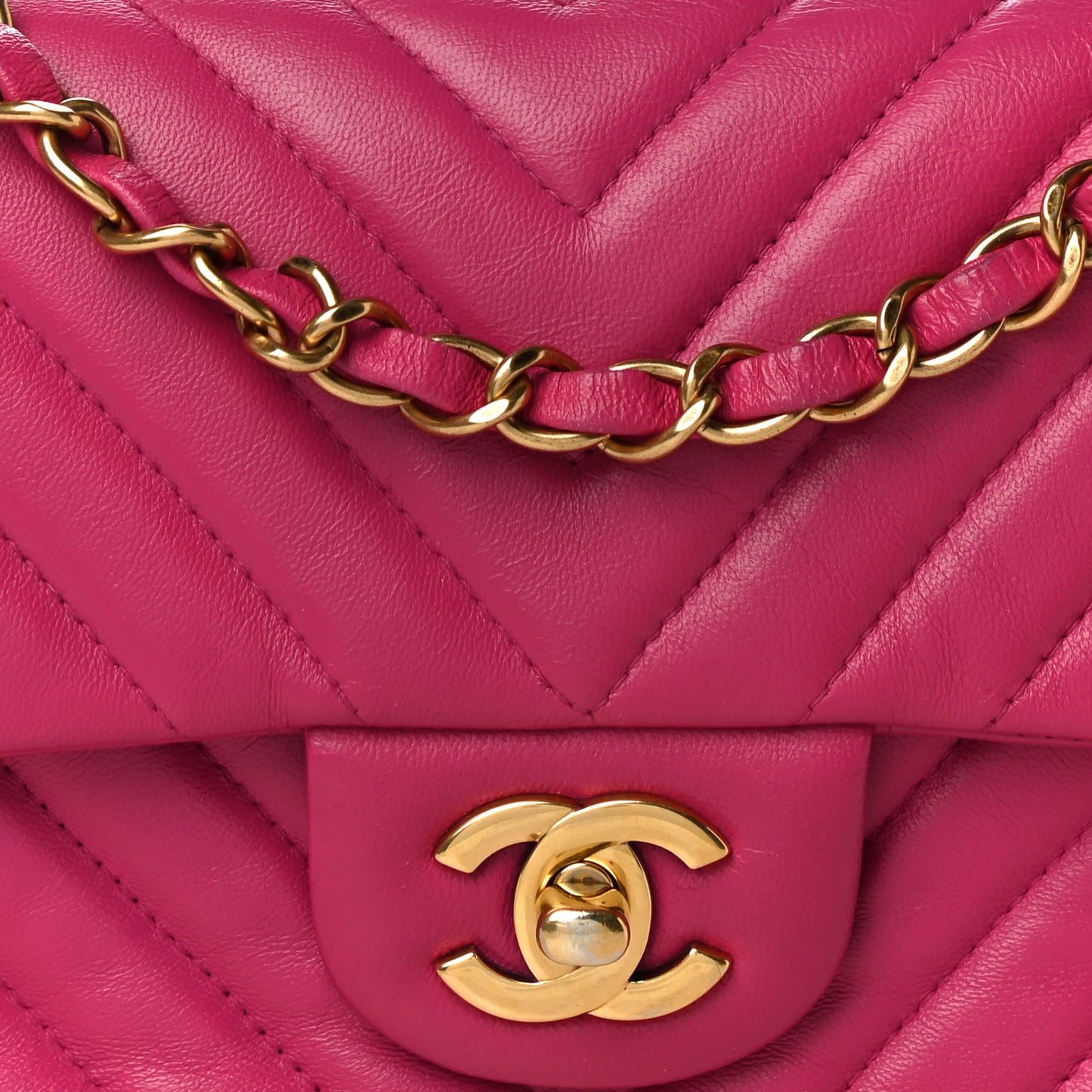 Lambskin Chevron Quilted Mini Rectangular Flap Dark Pink