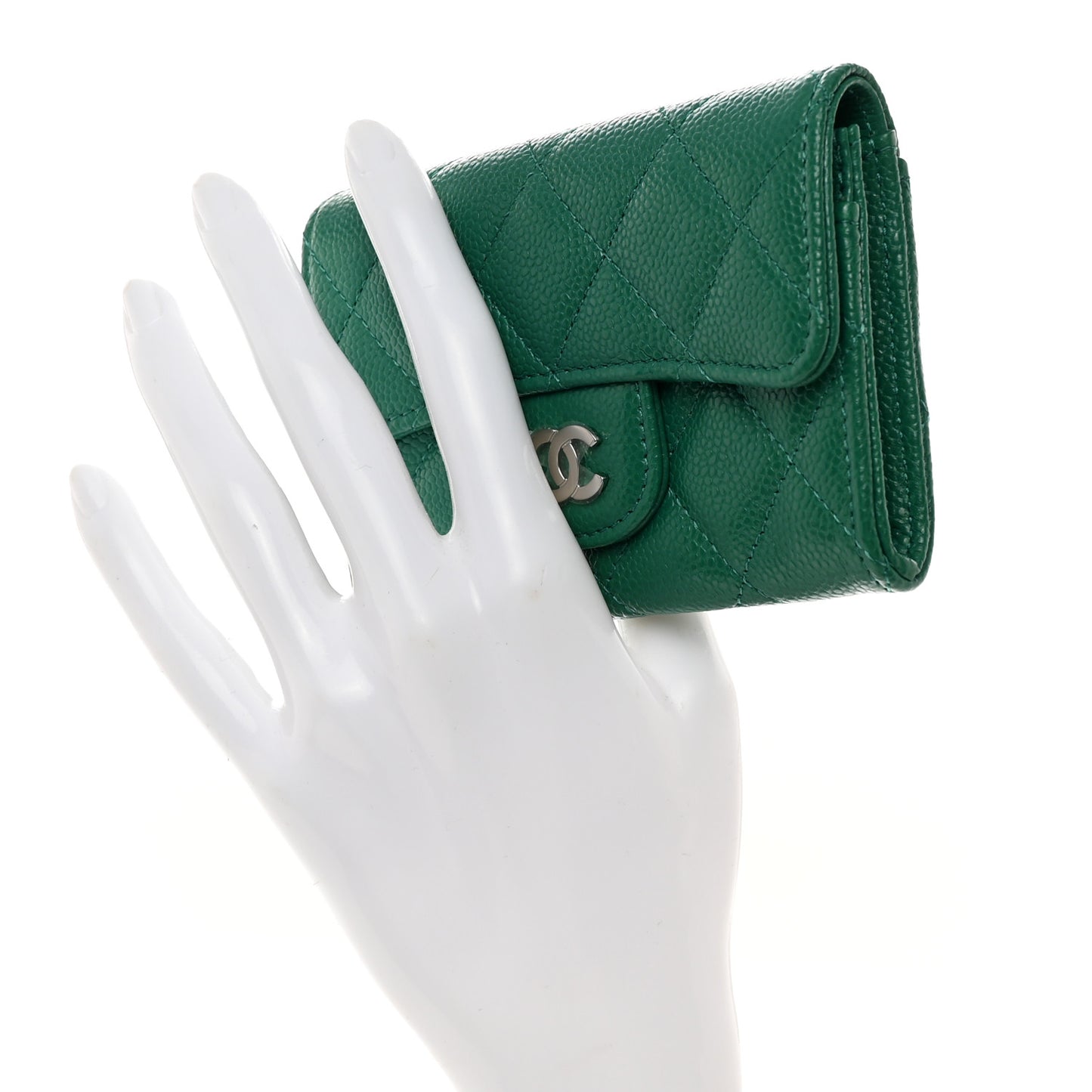 Caviar Quilted Flap Card Holder Wallet Green