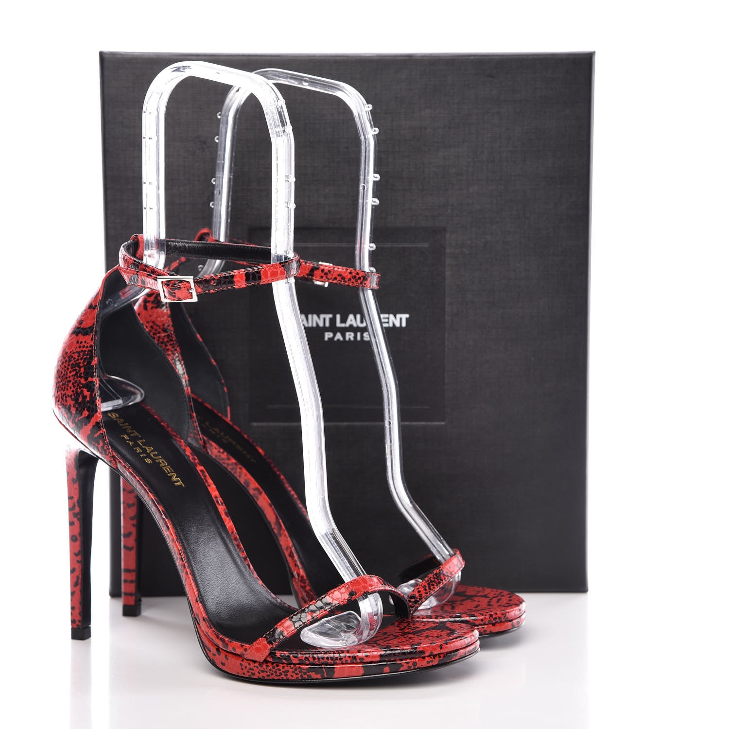 Saint Laurent Python Calfskin Embossed Jane 105 Ankle Strap Sandals 40 Red Black 8 of 8