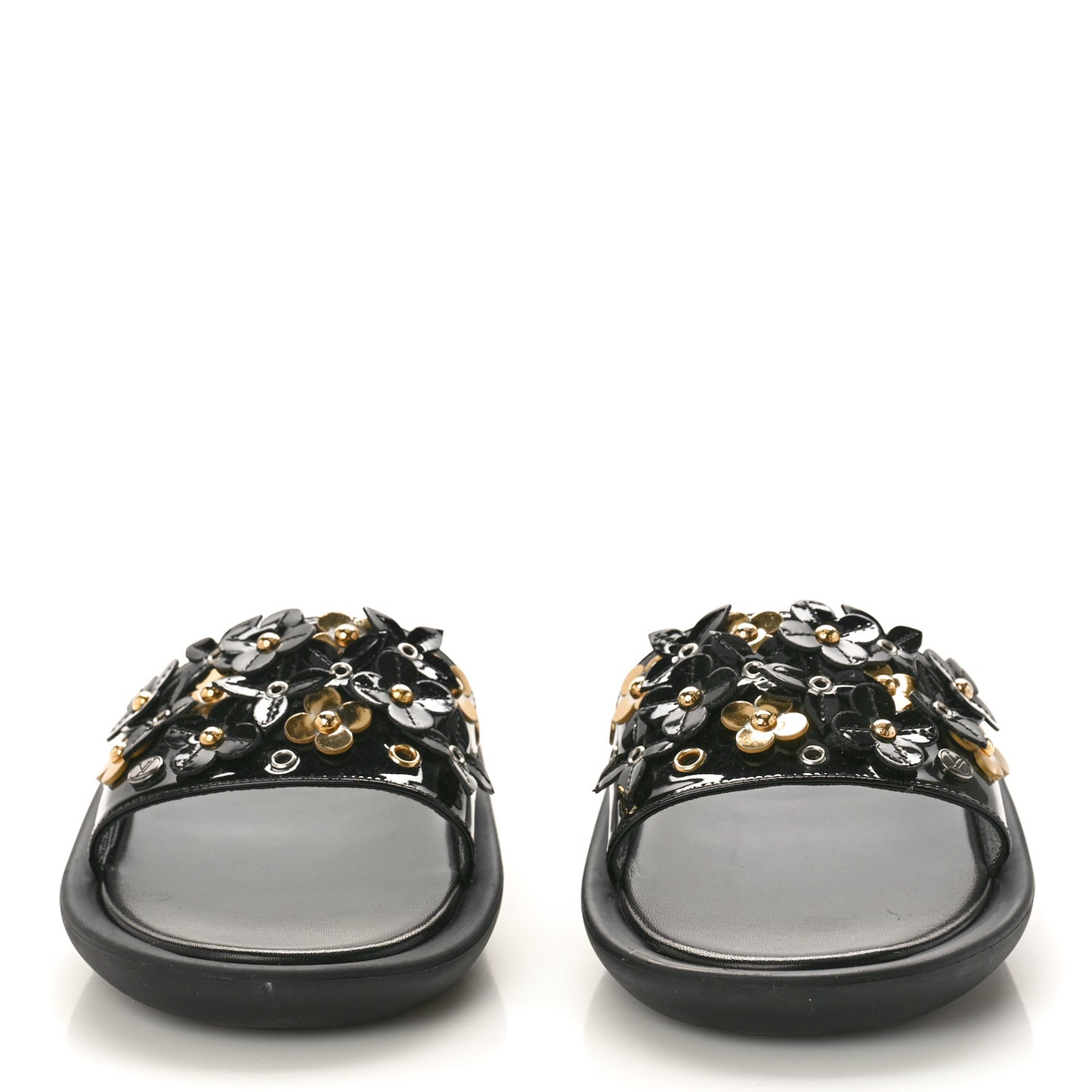 Patent Sunbath Flower Slide Sandals 37 Black Gold