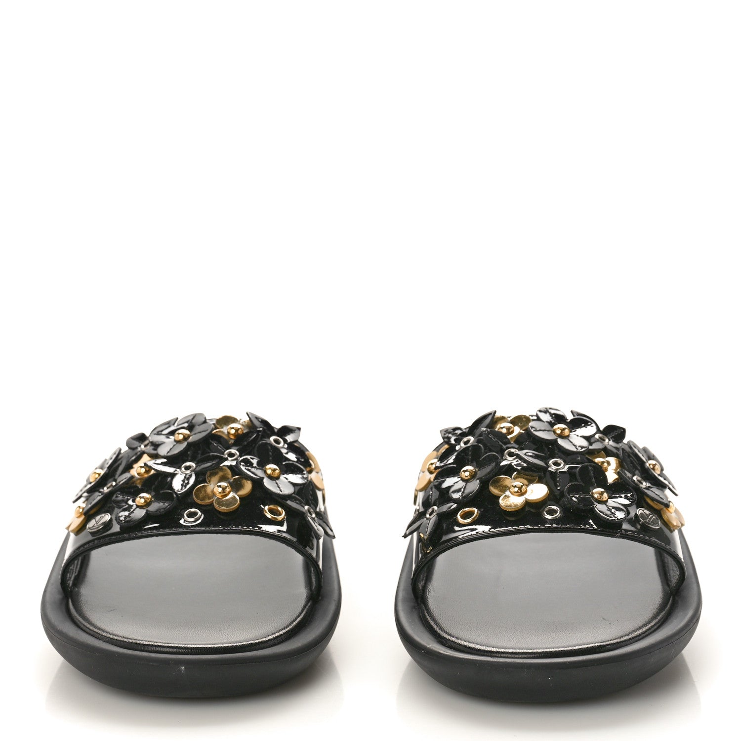 Louis Vuitton Patent Sunbath Flower Slide Sandals 37 Black Gold 2 of 9