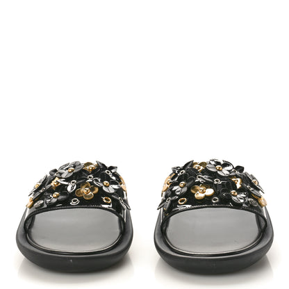 Louis Vuitton Patent Sunbath Flower Slide Sandals 37 Black Gold 2 of 9